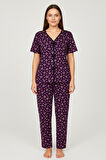 Kadın Mor Kalp Desenli Fiyonklu Kısa Kollu Uzun Pijama Takımı