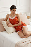 Kadın Turuncu Kalp Desenli Askılı Şortlu Dantelli Pijama Takımı