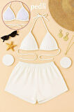 Kadın Beyaz Şortlu Belden ve Boyundan Bağlamalı Bikini Takımı