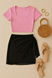 Kadın Pembe Yarım Kol Crop Ve Siyah Pareo 2'li Set