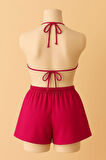 Kadın Fuşya Şortlu Belden ve Boyundan Bağlamalı Bikini Takımı