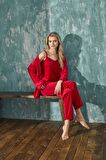 Kadın Pijama Takımı Soft Fransız Kadife Dantelli Sabahlıklı 3 lü Takım