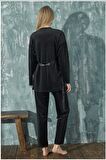Kadın Pijama Takımı Soft Fransız Kadife Dantelli Sabahlıklı 3 lü Takım