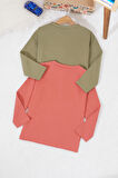 Erkek Bebek Düğmeli Yakalı Cepli 2li Sweatshirt Haki-Kiremit 17330
