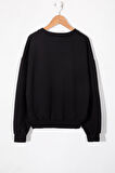 Siyah Kalp Kabartmalı Bisiklet Yaka Kız Çocuk Sweatshirt 19659