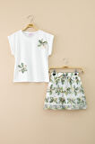 Haki Çiçek İşlemeli Tüllü Etekli Kısa Kol Bluzlu Kız Çocuk 2li Takım 21047