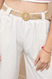 Krem Düğme Detaylı Geniş Paça Kız Çocuk Kemerli Pantolon 21150