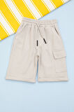 Krem Beli Lastikli Jogger Kumaş Tek Kargo Cepli Erkek Çocuk Şort 21156