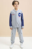 Gri Yazı Nakışlı Kolej Ceketli Erkek Çocuk Eşofman Takımı 21223