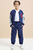 Mavi Yazı Nakışlı Kolej Ceketli Erkek Çocuk Eşofman Takımı 21224