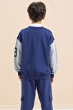 Mavi Yazı Nakışlı Kolej Ceketli Erkek Çocuk Eşofman Takımı 21224
