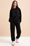 Siyah Kalp Desenli Kapüşonlu Kız Çocuk Eşofman Takımı 21253