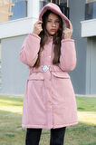 Pembe Kemerli Nubuk Kumaş Kız Çocuk İçi Kürklü Kapüşonlu Şişme Mont 21312