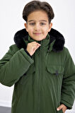 Haki Çıtçıtlı Göğüs Cepli İçi Kürklü Erkek Çocuk Kapüşonlu Mont 21348