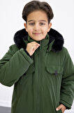 Haki Çıtçıtlı Göğüs Cepli İçi Kürklü Erkek Çocuk Kapüşonlu Mont 21348