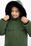 Haki Çıtçıtlı Göğüs Cepli İçi Kürklü Erkek Çocuk Kapüşonlu Mont 21348