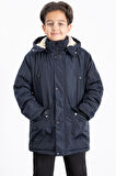 Lacivert İçi Kürklü Çıkarılabilir Kapüşonlu Basic Erkek Çocuk Şişme Mont 21436