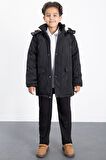 Siyah İçi Kürklü Çıkarılabilir Kapüşonlu Basic Erkek Çocuk Şişme Mont 21439