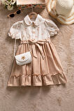 Kahverengi Müslin Kumaş Desenli Kız Çocuk Çantalı Kısa Kol Elbise  22657