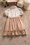 Kahverengi Müslin Kumaş Desenli Kız Çocuk Çantalı Kısa Kol Elbise  22657