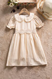 Krem Dantel İşlemeli Kuşaklı Kız Çocuk Müslin Elbise  22659