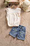 Bej Dantel Detaylı Bluzlu Jean Şortlu Kız Çocuk 2li Takım 22663
