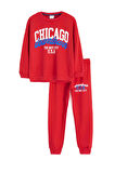 Kırmızı Chicago Baskılı Bisiklet Yaka Erkek Çocuk 2li Eşofman Takımı 22730
