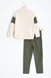 Haki Kadife Pantolonlu Fermuarlı Yaka Şardonlu Erkek Çocuk Takım 23244