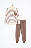 Kahverengi Çizgili Cep Detaylı Erkek Çocuk Eşofman Takımı 23342