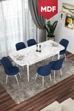 Via Serisi MDF 80x132 Açılabilir Mutfak Masası Takımı Beyaz Mermer Desen Masa 6 Lacivert Sandalye