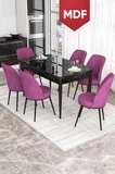 Via Serisi MDF 80x132 Açılabilir Mutfak Masası Takımı Siyah Mermer Desen Masa 6 Mor Sandalye