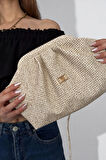 Kadın Krem Hasır Görünümlü El ve Omuz Askılı Clutch Çanta