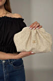 Kadın Krem Hasır Görünümlü El ve Omuz Askılı Clutch Çanta