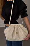 Kadın Krem Hasır Görünümlü El ve Omuz Askılı Clutch Çanta
