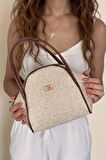 Kadın Krem Hasır Dokulu Taba Kulp-Çizgi Detaylı El ve Omuz Çantası