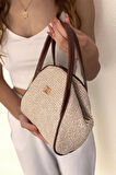 Kadın Krem Hasır Dokulu Taba Kulp-Çizgi Detaylı El ve Omuz Çantası