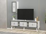 LAZER DESENLİ 150 CM BARE TV ÜNİTESİ BEYAZ-GÜMÜŞ