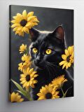 Kanvas Tablo Kara Kedi Ve Sarı Çiçekler