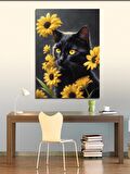 Kanvas Tablo Kara Kedi Ve Sarı Çiçekler