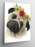 Kanvas Tablo Sevimli Pug Köpek Ve Çiçekler
