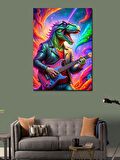 Kanvas Tablo Elektro Gitar Çalan Gözlüklü Dinozor