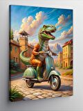 Kanvas Tablo Retro Motosiklet Kullanan Dinozor