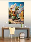 Kanvas Tablo Retro Motosiklet Kullanan Dinozor