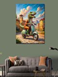 Kanvas Tablo Retro Motosiklet Kullanan Dinozor