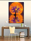 Kanvas Tablo Turuncu Dolunay ve Ağaç