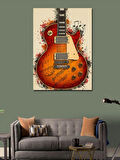 Kanvas Tablo Turuncu Elektro Gitar ve Notalar
