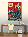Kanvas Tablo Retro Mavi Motosiklet Ve Kadın