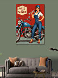 Kanvas Tablo Retro Mavi Motosiklet Ve Kadın