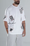 Yama Desenli Beyaz Tasarım T-Shirt