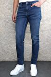 COLLEZIONE Keven Koyu Mavi Taşlamalı Slim Fit Kot Pantolon